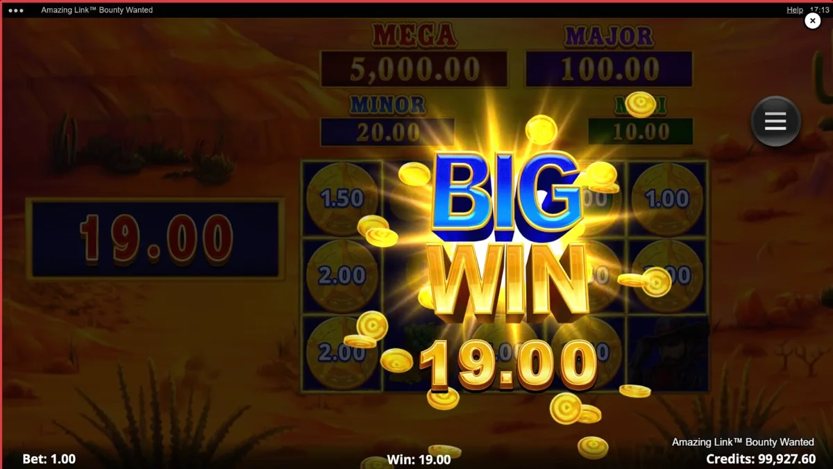 Tampilan visual slot Amazing Link Bounty Wanted dengan latar belakang gurun dan koboi.