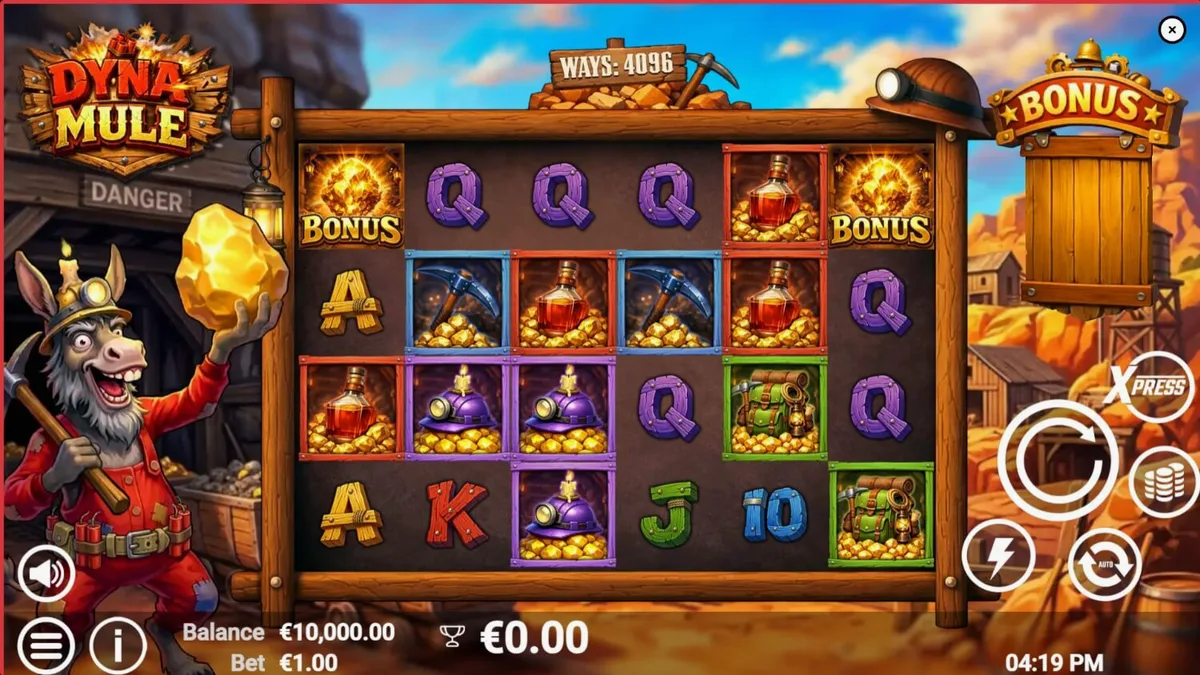 Tampilan visual slot Dyna Mule yang menampilkan tema tambang dengan simbol-simbol mekanis dan latar belakang gua yang bercahaya.