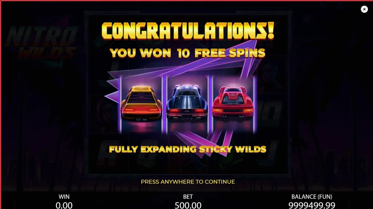 Tampilan visual slot Nitro Wilds dengan tema balapan neon retro