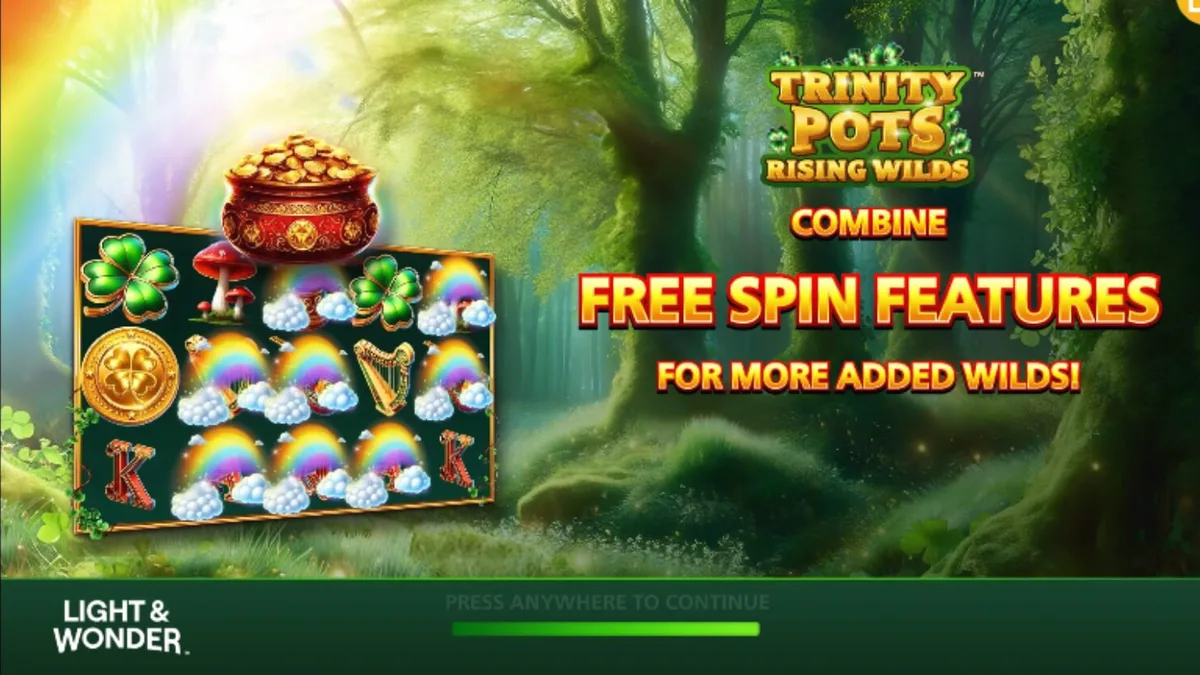 Pemandangan visual slot Trinity Pots Rising Wilds dengan simbol keberuntungan Irlandia.