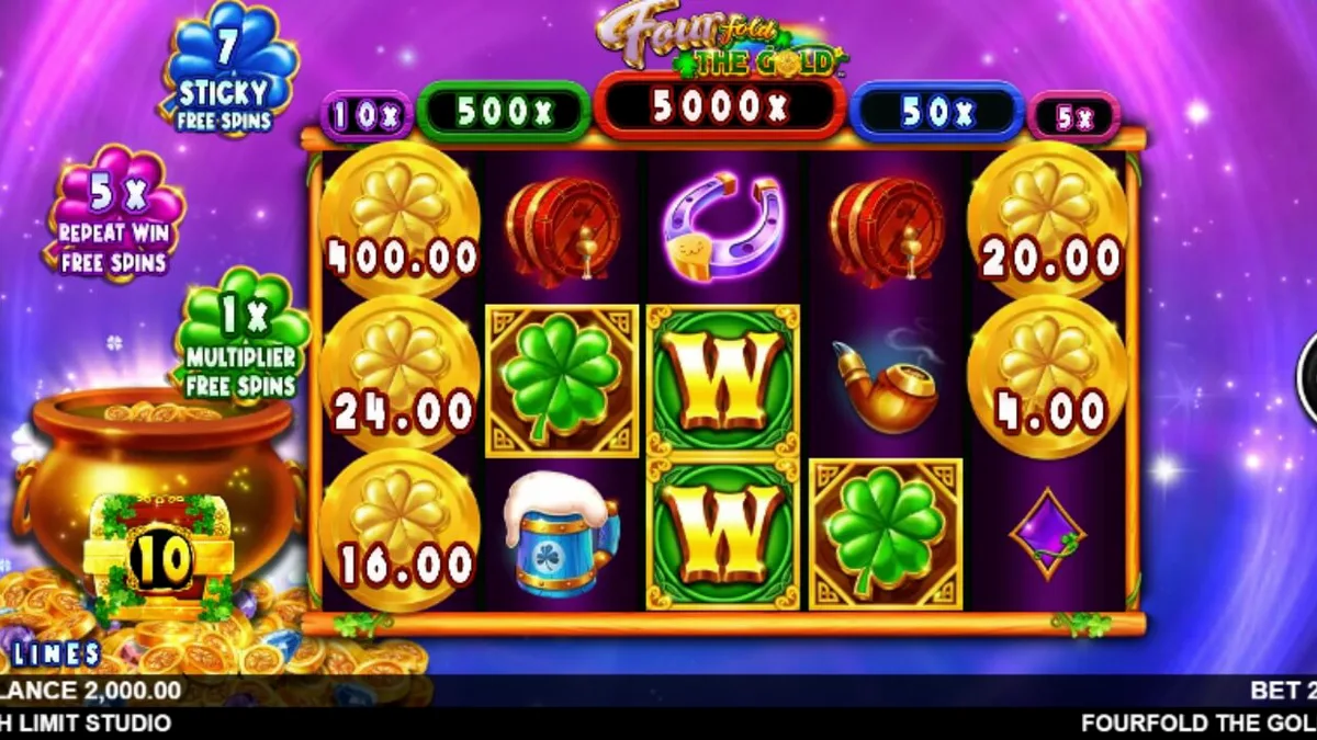 Leprechaun kosmik di latar belakang ruang angkasa dalam slot Fourfold the Gold